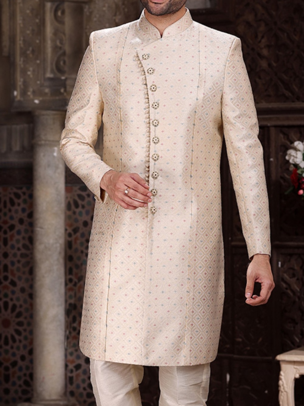 Ivory Embroidered Sherwani with Decorative Buttons